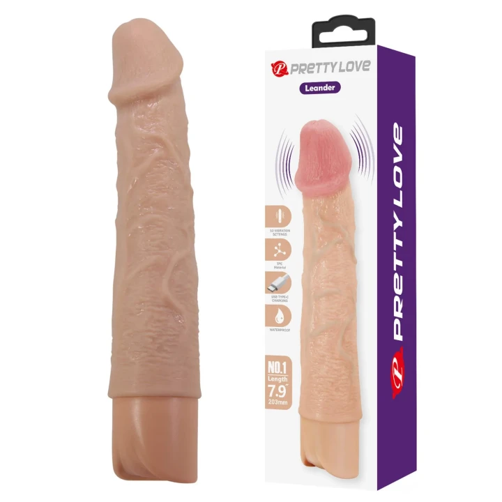 Dildo realistyczny Pretty Love Leander, 20,3 cm, 10 trybów wibracji, USB Type-C
