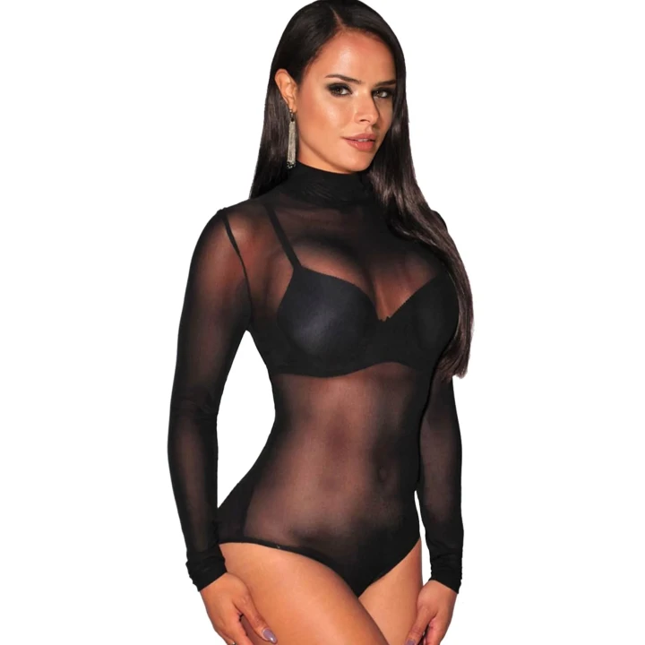 Body PARIS HOLLYWOOD, czarne, długie rękawy, regulowane zapięcie, siateczkowy materiał