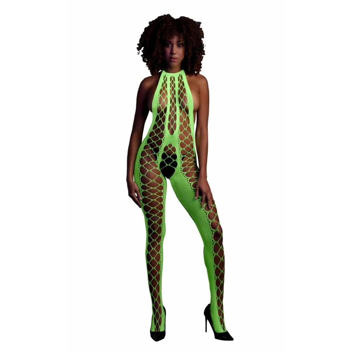 Bodystocking UV aktywowany - Neonowa Zielona - Halter, Elastyczny, XS/XL