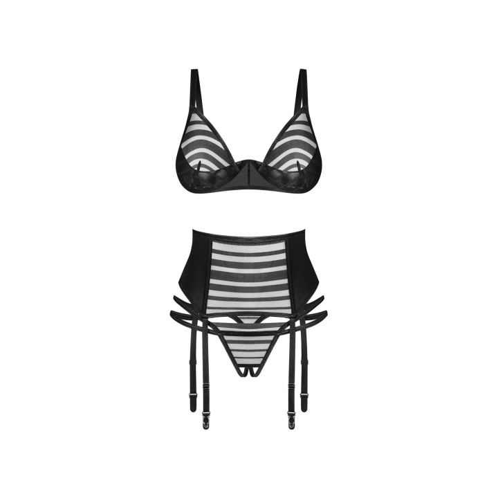 Bielizna OBSESSIVE — komplet 3‑cz. transparentny, paski, otwarty (XS/S)