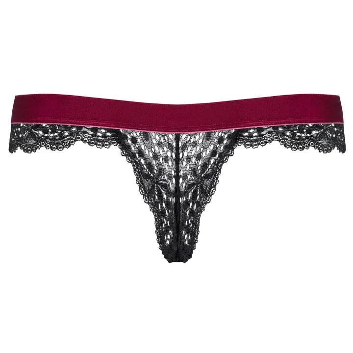 Stringi Rossita OBSESSIVE, L/XL, koronkowe, welurowy pasek, bordo/czerń