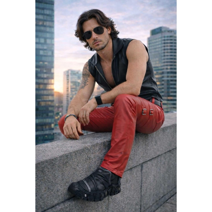 Spodnie REGNES FETISH PLANET – czerwone XXL, ozdobne zamki, regulowane paski