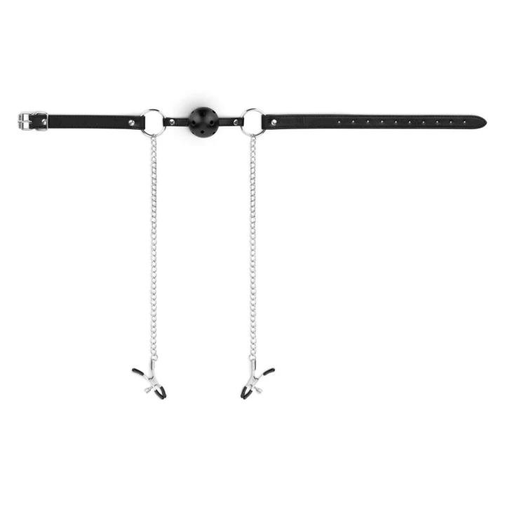 Zestaw BDSM - Klamry na sutki z regulacją + Kulka knebla silikonowa czarna