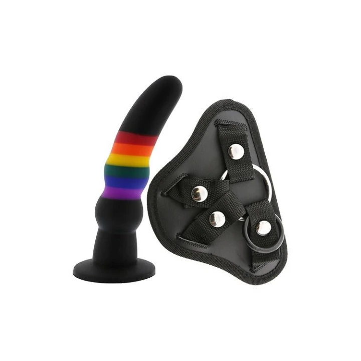 Dildo silikonowe, tęczowe, 17 cm, z szeroką podstawą do strap-on