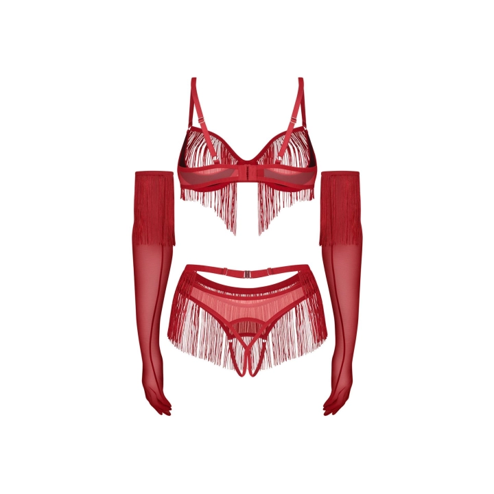 Komplet bielizny OBSESSIVE — otwarty biustonosz, crotchless, pas w talii (czerwony)