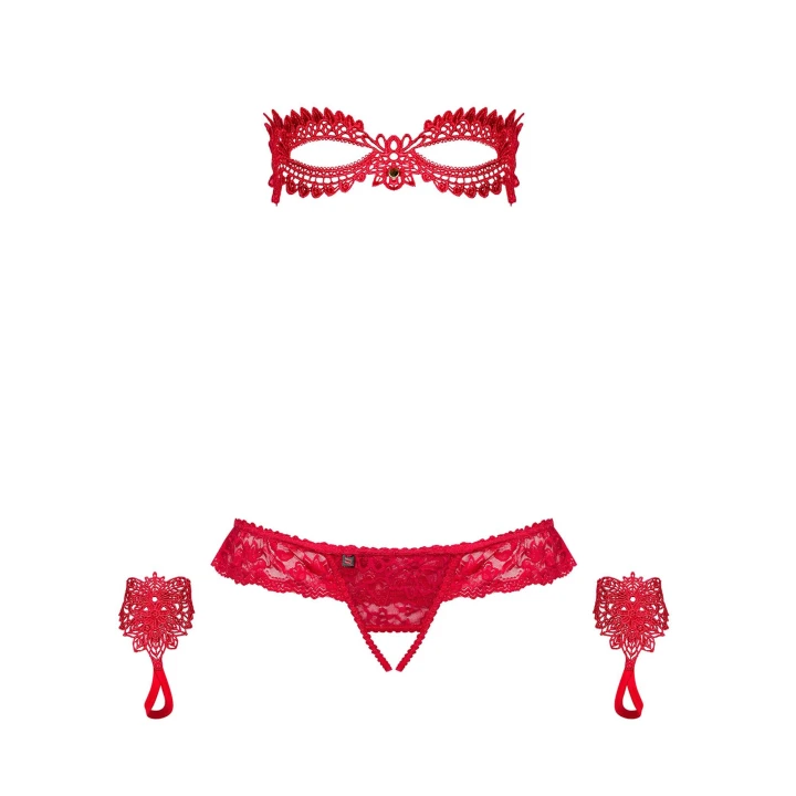 Bielizna nocna OBSESSIVE Hetea: koronkowy komplet z maską i stringami otwartymi