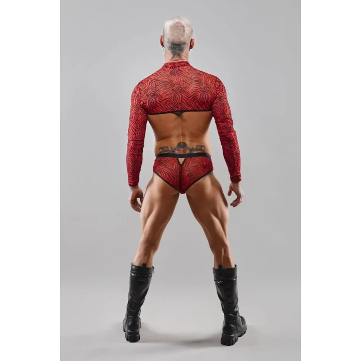 Top Krótki REGNES FETISH PLANET, Elastyczny Tiul, Czarny-Czerwony Wzór Zebry