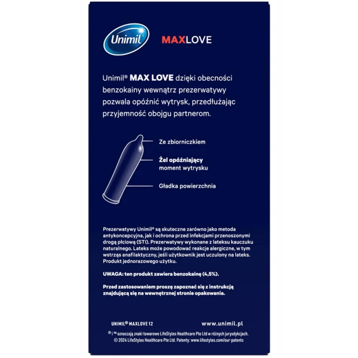 Prezerwatywy Unimil MAX LOVE, z żelem z benzokainą, opóźniające wytrysk, 12 szt.