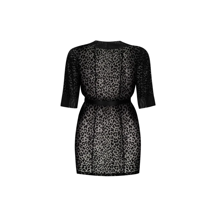 Peniuar 6XL/7XL OBSESSIVE, czarny, aksamitny, satynowy akcent, zwierzęcy print