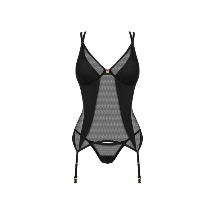 Gorset i stringi OBSESSIVE XL/2XL, regulowane ramiączka, fiszbiny, przezroczysta siateczka