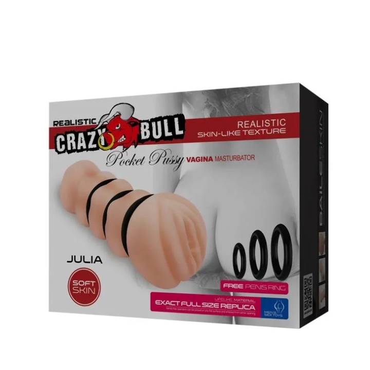 Masturbator Vagina CRAZY BULL - JULIA, realistyczny, prążkowany, 3 pierścienie chwyty