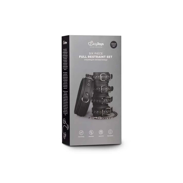 Kajdanki Fetish z obrożą, mankietami na kostki i nadgarstki, sztuczna skóra, metal, czarne