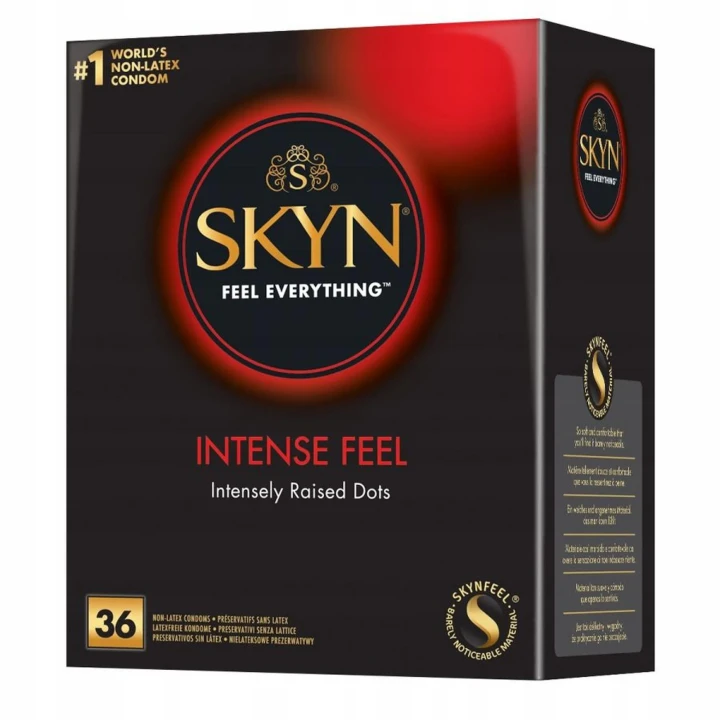 Prezerwatywy nielateksowe Unimil Skyn Intense Feel, 53 mm, wypustki stymulujące, 36 szt.