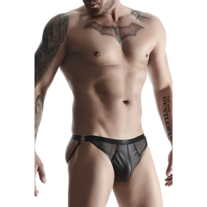 Komplet męski: T-shirt z ekoskóry, open back figi, jockstrap - REGNES FETISH PLANET