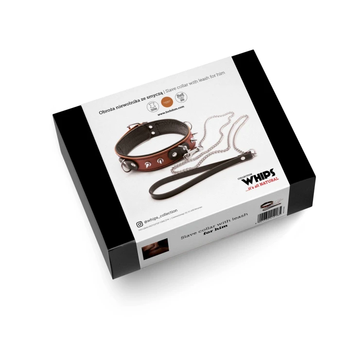 Wiązania-WHIPS skórzana obroża męska, regulowana, koniakowa, z łańcuszkiem 100 cm