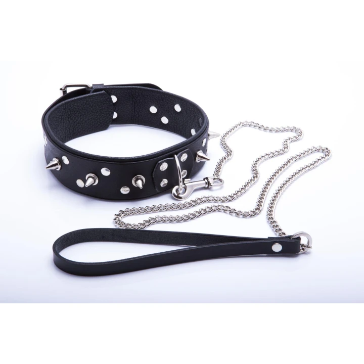 Obroża męska z ćwiekami WHIPS, regulacja 42-50 cm, smycz 120 cm, skóra naturalna