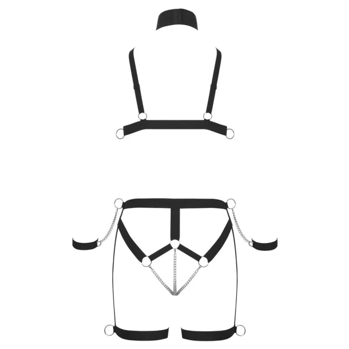 Uprząż bondage Bad Kitty z elastycznego poliamidu, obroża i regulowane kajdanki