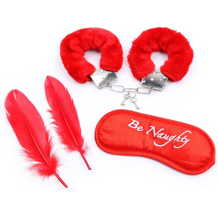 Zestaw do bondage Fetish Fever - 4 elementy, czerwone akcesoria, komfortowe mankiety