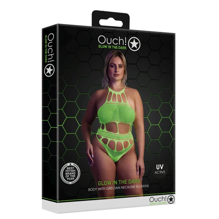 Body z Greckim Dekoltem OUCH! – Neonowa Zieleń, UV-reaktywna, XL/XXXXL, Elastyczny Nylon
