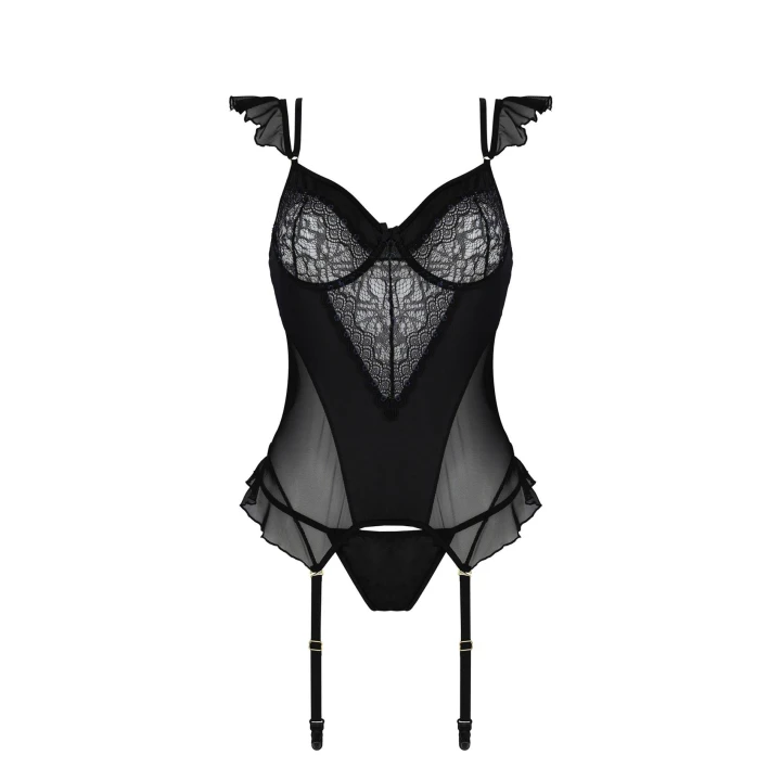 Gorset CASMIR - czarny, tiulowy, XXL/XXXL z koronką i falbankami