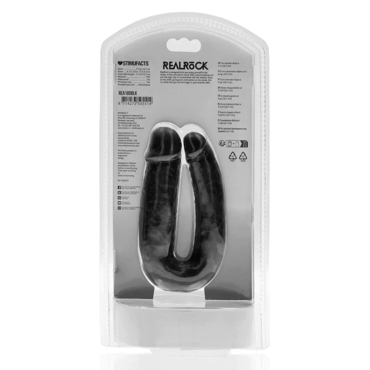 Dildo podwójne U kształt RealRock 12,7 cm, realistyczne żyłki, PVC, czarne