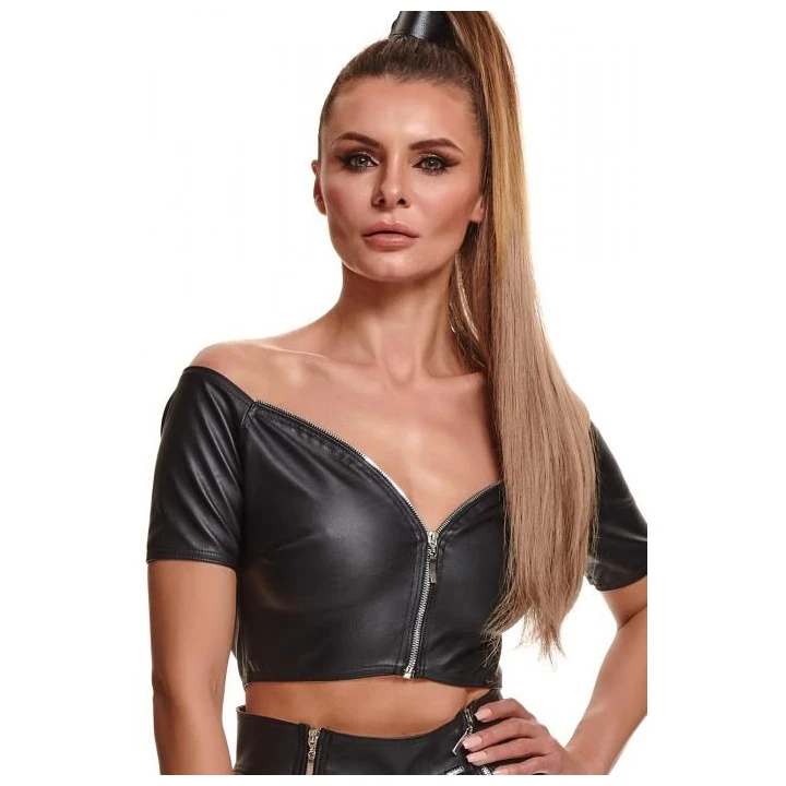 Top damski, DEMONIQ Kolekcja Silver Touch BRMARINA, czarny, elastyczna ekoskóra, srebrny zamek dekoracyjny