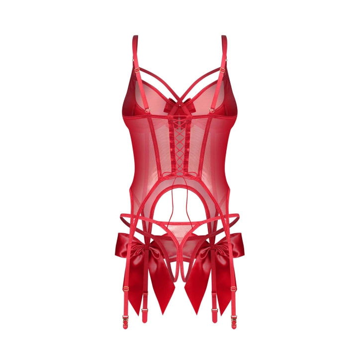 Komplet gorset i stringi OBSESSIVE, transparentny, z fiszbinami i otwartym krokiem 2XL/3XL