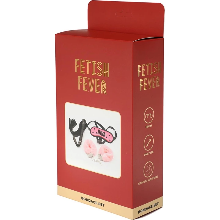 Zestaw do bondage Fetish Fever - 3 elementy, różowo-czarny, mankiety, maska, bicz