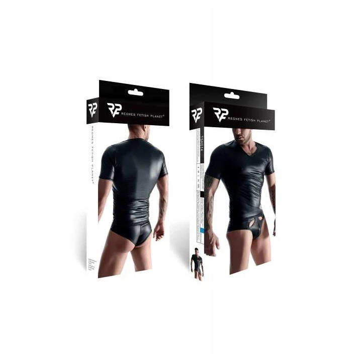 T-shirt męski REGNES FETISH PLANET wetlook, elastyczny, z dekoltem w serek