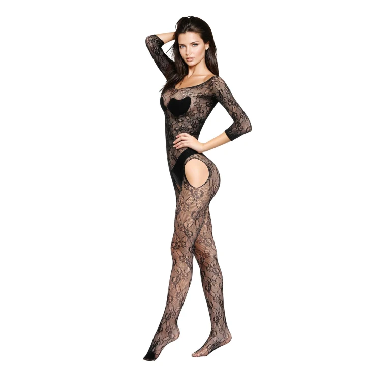 Bodystocking SOFTLINE COLLECTION, czarny, kwiatowy wzór, otwarte plecy, elastyczny materiał