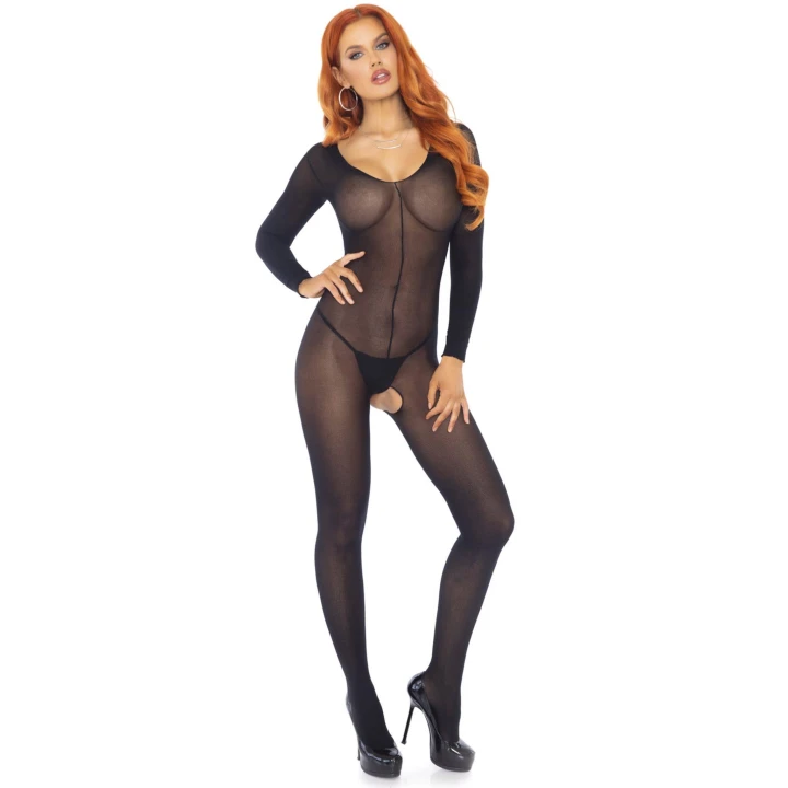 Bodystocking Długi Rękaw Black - 100% Poliamid, Przezroczysty, Elastyczny