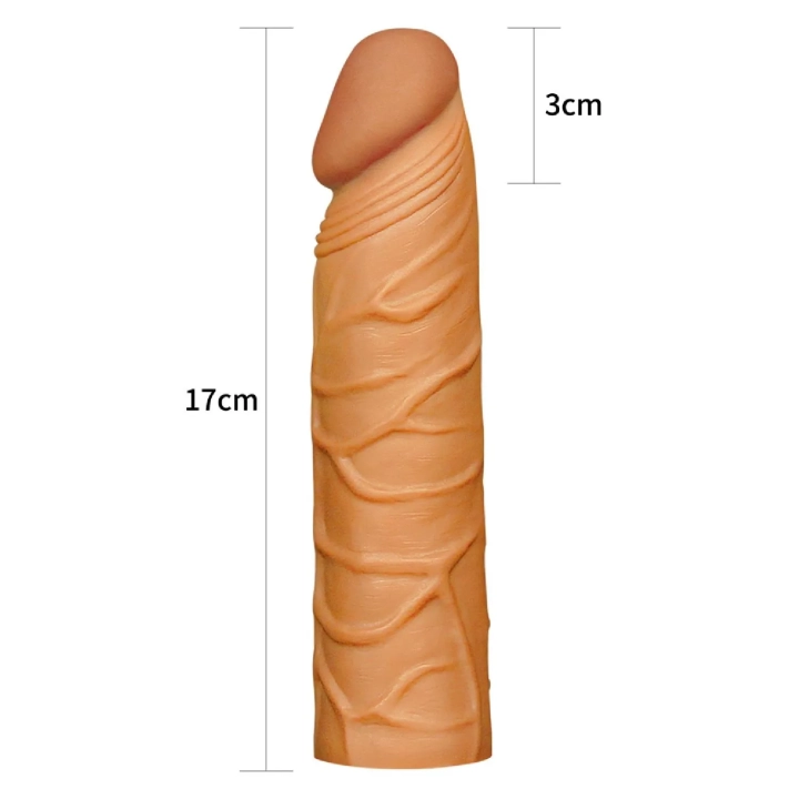Rękaw penisa Pleasure X, przedłużający o 1 cal, realistyczny, brązowy, TPE