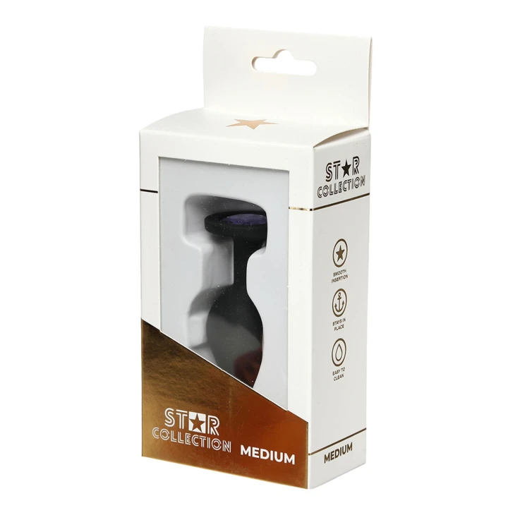 Korek analny M Star Collection – czarny silikon, fioletowy kamień, 3,5 cm
