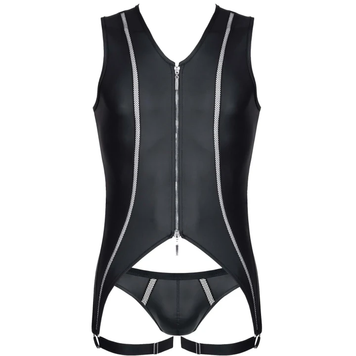 Body REGNES FETISH PLANET, czarny wetlook, siateczki, dwustronny ekspres, jockstrap