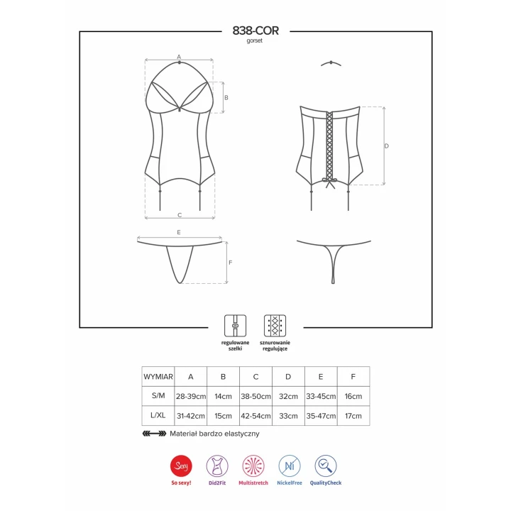 Gorset koronkowy OBSESSIVE z regulowanymi szelkami i paskami do pończoch S/M