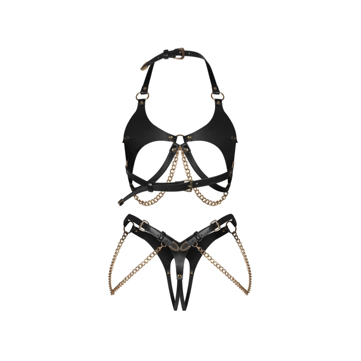 Komplet bielizny OBSESSIVE – komplet 2-częściowy, efekt skóry, otwarty krok, łańcuszki
