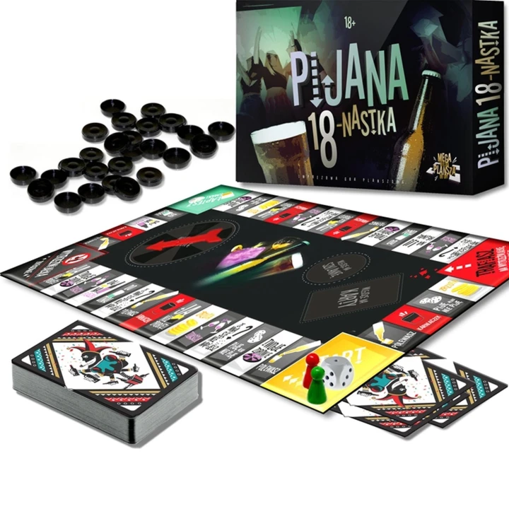 Gra imprezowa - Pijana osiemnastka, plansza + 60 kart z zadaniami, ruletka