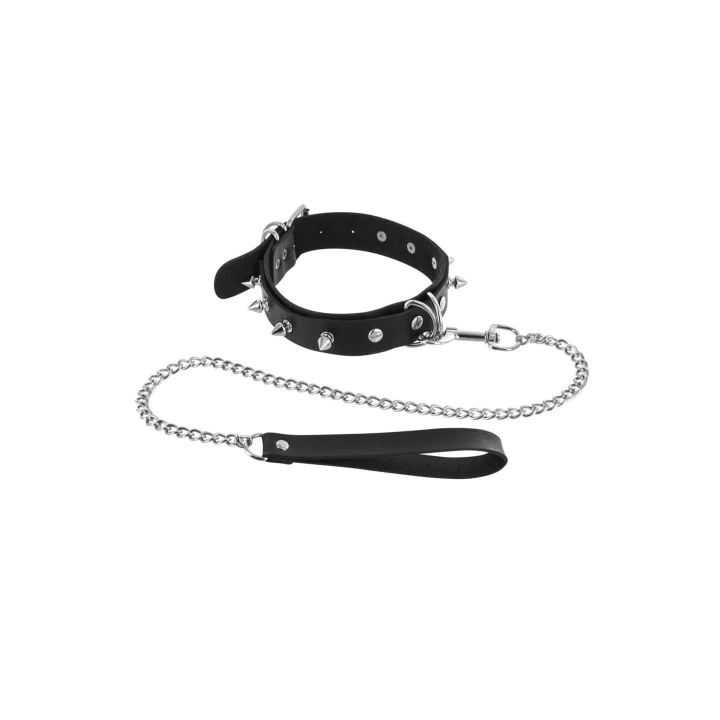 Smycz BDSM z obrożą Fétish Tentation, regulowana, z metalowymi kolcami i pierścieniami