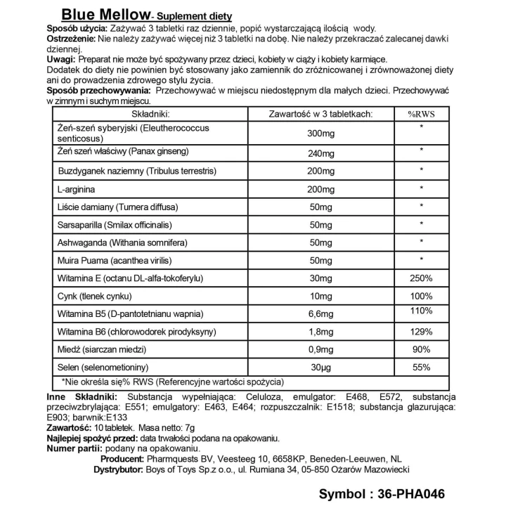 Kapsułki stymulujące – Blue Mellow, 10 kapsułek, wsparcie erekcji, naturalne składniki