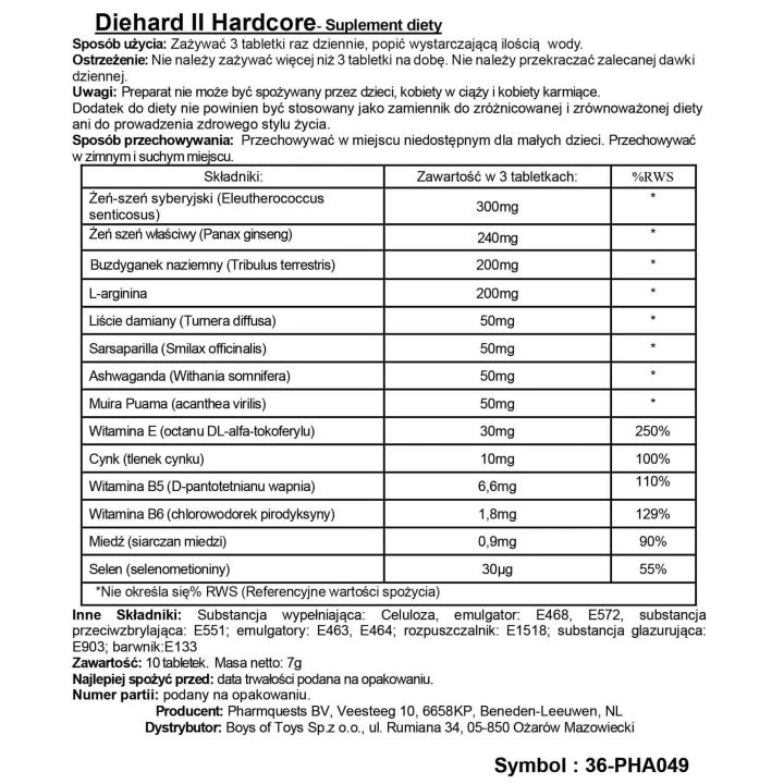 Kapsułki stymulujące Diehard II Hardcore - 10 sztuk, wsparcie erekcji, składniki naturalne