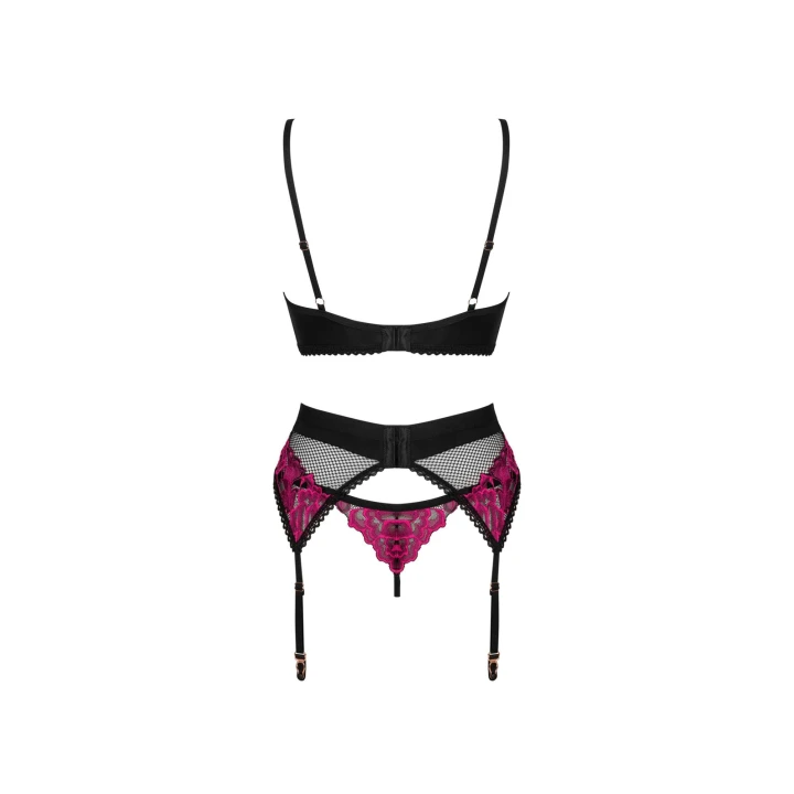 Komplet bielizny - OBSESSIVE Rosenty XL/2XL - biustonosz, stringi, pas do pończoch, fiszbiny