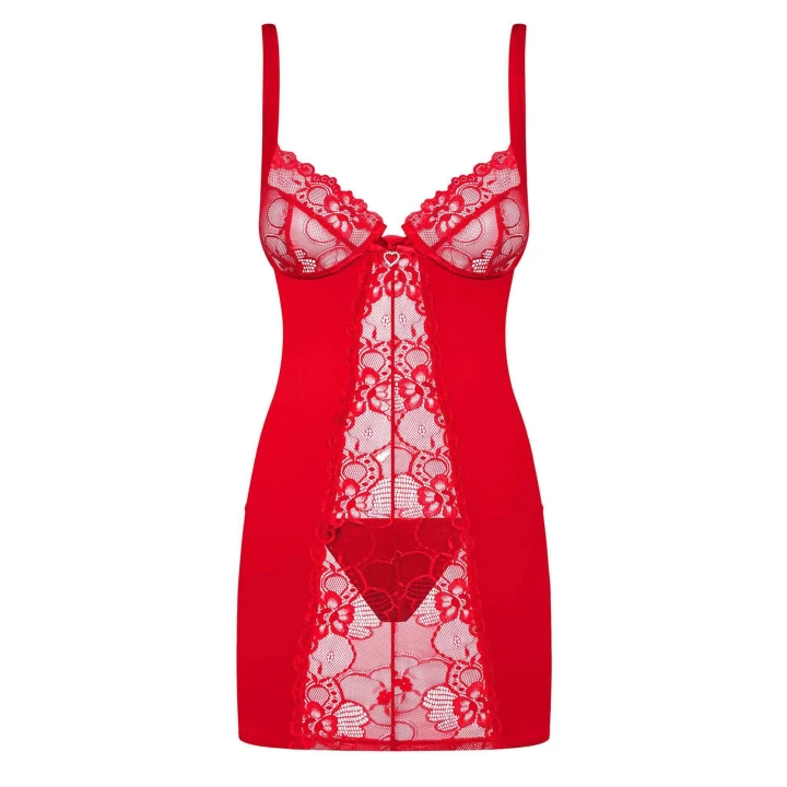 Koszulka nocna OBSESSIVE Heartina - czerwona, koronka, regulowane szelki, stringi w zestawie