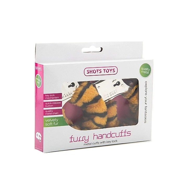 Kajdanki futrzane - Tygrys, miękkie, z przyciskiem uwalniającym, wygodne w użyciu