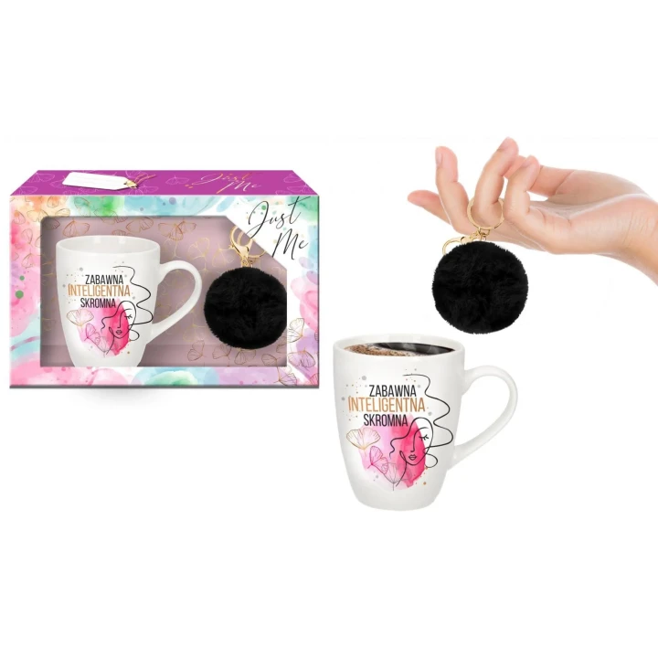 Kubek baryłka JUST ME 300 ml z napisem "Zabawna, Inteligentna, Skromna" + pompon