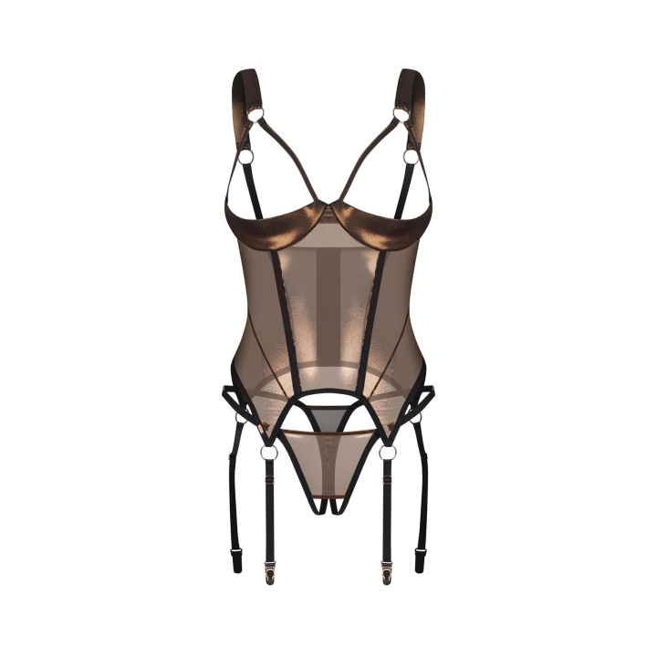 Gorset i stringi OBSESSIVE, L/XL, transparentny, złoty połysk, fiszbiny modelujące