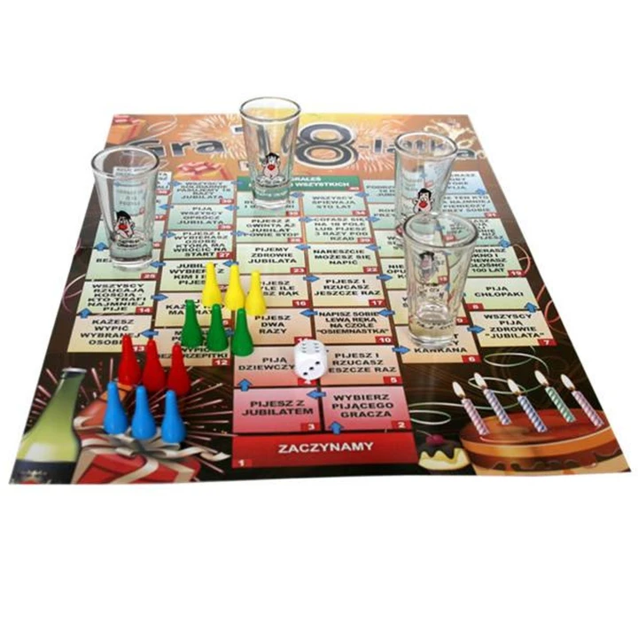 Gra planszowa na 18. urodziny 18 PROMILI, 2 plansze, kieliszki ze śmiesznymi nadrukami