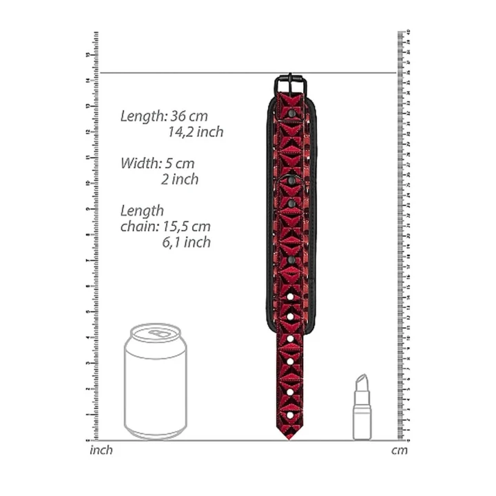Kajdanki BDSM - Burgundy, 6 regulowanych otworów, wytrzymały metalowy łańcuch 15,5 cm