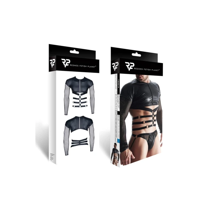 Koszulka męska REGNES FETISH PLANET, czarna, elastyczna, z metalowymi pierścieniami