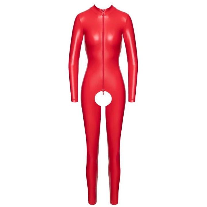 Kombinezon COTTELLI LINGERIE Noir, elastyczny, czerwień, długie rękawy, zamek błyskawiczny