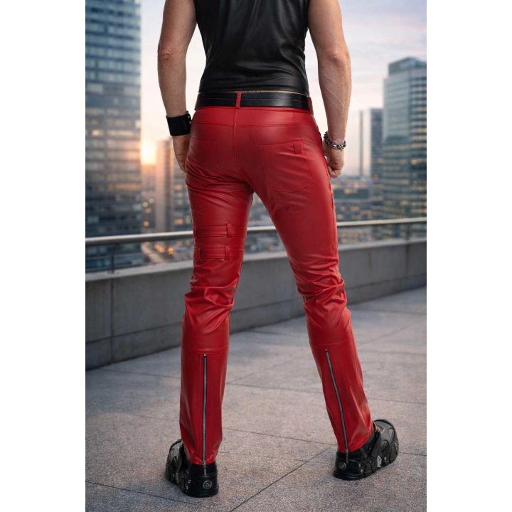 Spodnie REGNES FETISH PLANET – czerwone, ozdobne zamki, regulowane paski, XL